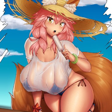 1girls, big breasts, bikini, breasts, cleavage, coffeeslice, fate (series), fate/grand order, female, female only, huge breasts, large breasts, looking at viewer, tamamo no mae (fate), thick thighs