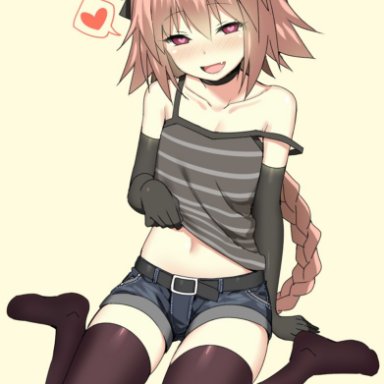 1boy, arm gloves, astolfo (fate), choker, cute, femboy, girly, happy, heart-shaped pupils, hotpants, on knees, pink hair, red eyes, sky (freedom), smile