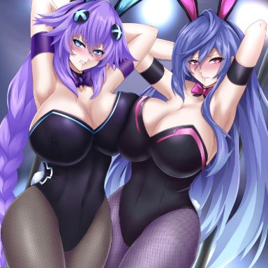 2girls, animal ears, armpits, arms up, bare shoulders, blue eyes, blue hair, blush, braid, breast-to-breast, breasts, bunny ears, bunny girl, bunnysuit, clavicle