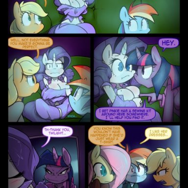 applejack (mlp), big breasts, blush, comic, english text, fluttershy (mlp), friendship is magic, full color, mole on breast, my little pony, rainbow dash (mlp), rarity (mlp), slypon, speech bubble, twilight sparkle (mlp)