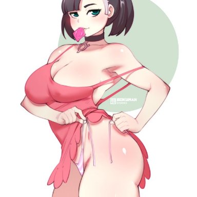 bedroom eyes, blush, bokuman, condom, dress, green eyes, large breasts, marnie (pokemon), panties, pokemon, short hair, sideboob, stripping, tagme, thick thighs