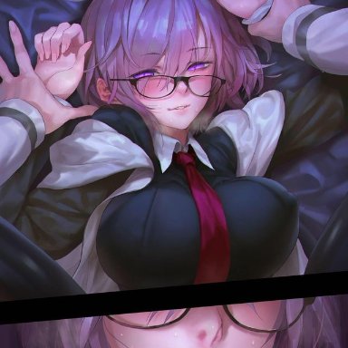 blush, fate (series), fate/grand order, glasses, horny, licking lips, mash kyrielight, on bed, pink eyes, pink hair, restrained, samerupa, sweat, tie, tongue out