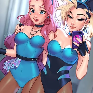 akali, blonde hair, blue eyes, blush, blushypixy, bunny ears, bunny girl, choker, gloves, k/da series, league of legends, nail polish, necklace, phone, pink hair