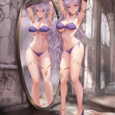 ;d, 1girls, absurdres, armlet, armpits, arms up, ass visible through thighs, azto dio, bikini, black choker, breasts, choker, clothes lift, collarbone, female