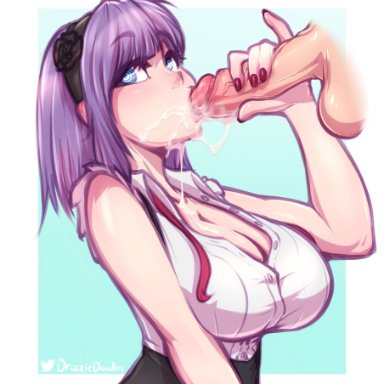 1boy, 1girls, balls, big breasts, busty, cleavage, clothed, clothing, cum, cum in mouth, cum inside, cum on face, dagashi kashi, disembodied penis, drizziedoodles