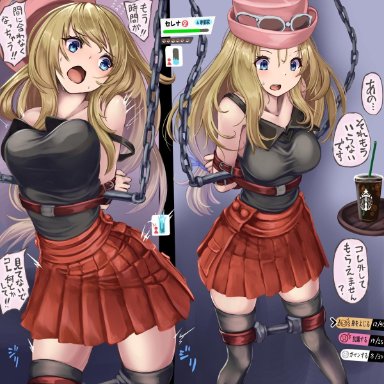 1girls, arms behind back, blonde hair, blue eyes, bondage, bound, breasts, cuffs, female, femsub, game freak, glasses, highres, monikano, nintendo