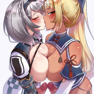 2futas, big balls, big breasts, big penis, blonde hair, blush, breast press, breasts, closed eyes, clothed, clothing, dark elf, dark skin, dark-skinned futanari, duo