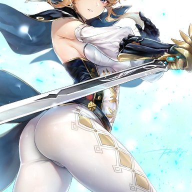 ass, blonde hair, blue eyes, genshin impact, jean (genshin impact), looking at viewer, pose, shiny, sideboob, smile, sword, thighs, white legwear