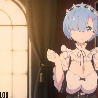 1girls, animated, big breasts, bouncing breasts, breasts, cleavage, female, female only, flou, large breasts, looking at viewer, no sound, re:zero kara hajimeru isekai seikatsu, rem (re:zero), solo