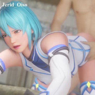 1boy, 1girl, 3d, animated, armpits, arms up, blue hair, bottomless, creampie, cum, cum in pussy, cum inside, cumdrip, dead or alive, dead or alive 6