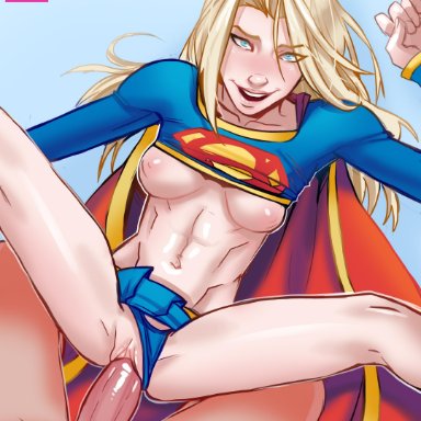 1boy, andava, blonde hair, blue eyes, breasts, cape, costume, dc, dc comics, female, kara danvers, kara zor-el, long hair, male, male pov