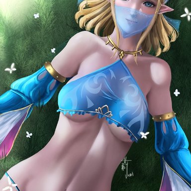 1girls, belly, belly dancer, belly dancer outfit, blonde hair, breath of the wild, dancer outfit, detached sleeves, female, gerudo outfit, gerudo top, gerudo veil, grass, harem girl, harem outfit