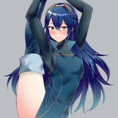 1girls, ameno (a meno0), bare thighs, blush, blushing, edit, fire emblem, fire emblem: awakening, looking at viewer, lucina, lucina (fire emblem), nintendo, one leg up, smile, stretching