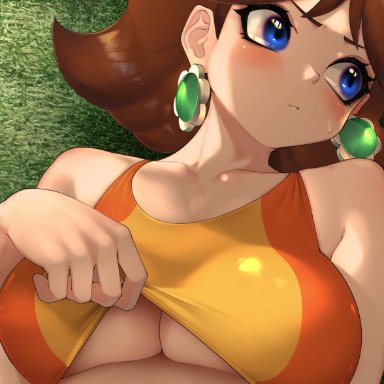 bra lift, hizake, large breasts, mario (series), nintendo, paizuri invitation, princess daisy, sports bra, super mario bros.