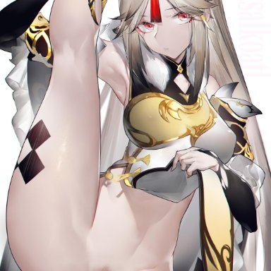 absurdres, armor, bangs, black gloves, breasts, chinese clothes, detached sleeves, dress, elbow gloves, eyebrows visible through hair, female, flexible, genshin impact, gloves, hair ornament