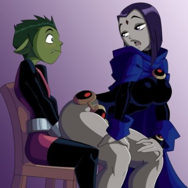 1girl, 1guy, beast boy, busty, cape, clothing, colored, dc, dc comics, green skin, grey skin, lap dance, lap sitting, large ass, looking back