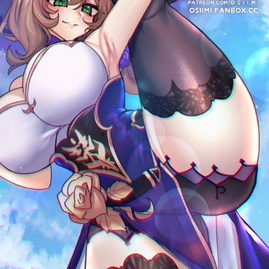 absolute territory, armpits, ass visible through thighs, big breasts, brown hair, clothed, clothing, curvy, fully clothed, genshin impact, green eyes, huge breasts, lisa (genshin impact), looking at viewer, mature female