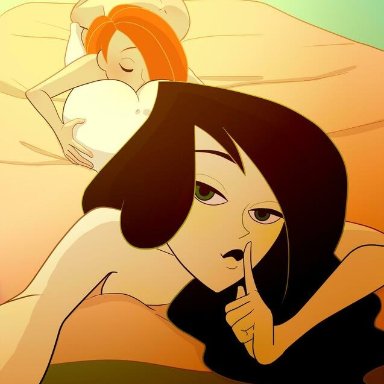 2girls, cellphone, cheating, disney, female, female only, female protagonist, kim possible, looking at viewer, pussy eating, shego, yuri