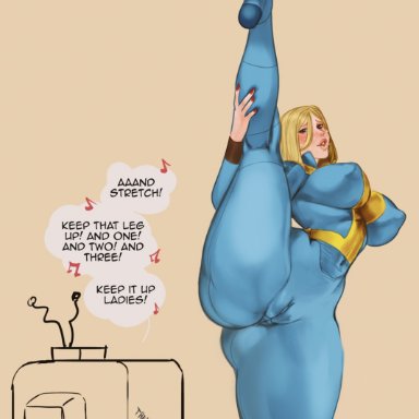 1girls, big ass, blonde hair, breasts, cameltoe, english text, erect nipples, erect nipples under clothes, fallout, female, female only, highres, holding leg, leg up, meme