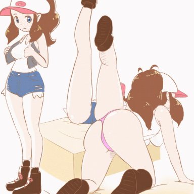 1girls, all fours, animated, ass, back view, baseball cap, behind view, big ass, black boots, blue eyes, blue shorts, boots, breasts, brown hair, cap