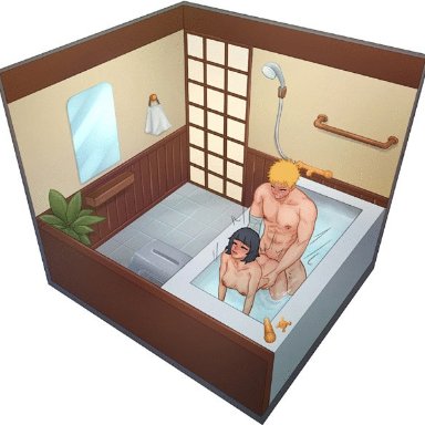 1girls, 2boys, animated, areolae, bandaged arm, bandages, bathing, bathroom, bathtub, bent over, big breasts, blue eyes, blush, bob cut, boruto: naruto next generations