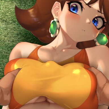 breast grab, hizake, large breasts, mario (series), nintendo, paizuri, paizuri under clothes, princess daisy, super mario bros.