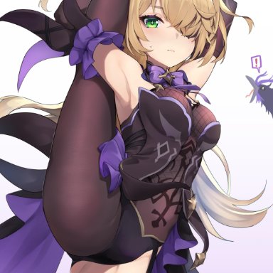 1girls, armpits, ass visible through thighs, blonde hair, blush, dress, eyepatch, female, fischl (genshin impact), fishnet bodysuit, fishnets, flexible, genshin impact, goth, gothic