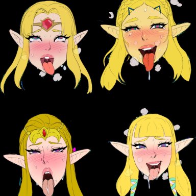 4girls, a link between worlds, absurd res, ahe gao, blonde hair, blue eyes, blush, breath of the wild, drool, drooling, edit, green eyes, hair clips, hair ornament, hair ribbon