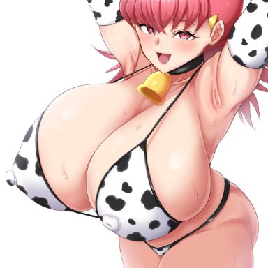 1girls, areolae, armpits, arms up, big breasts, blush, cow bell, cow bikini, cow print, eye contact, female, gloves, huge breasts, huge thighs, large breasts