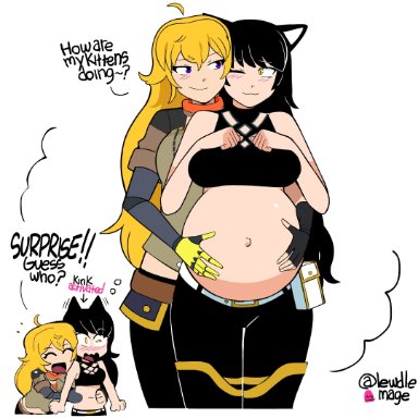 2girls, animated, belly rub, blake belladonna, blush, breasts, dr-worm, female, female only, from behind, huge belly, lewdlemage, pregnant, ready to pop, rwby