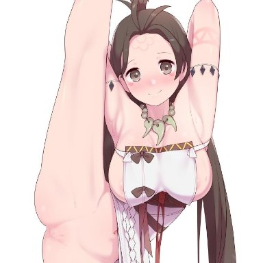 areola slip, areolae, armpits, arms behind head, arms up, bare shoulders, barefoot, blush, body markings, breasts, brown eyes, brown hair, closed mouth, dress, facial mark