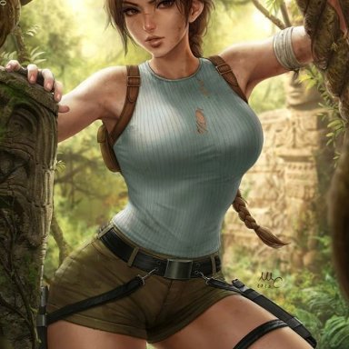 bandage, breasts, brown eyes, brown hair, bruises, dirty, dirty face, gloves, holster, jungle, lara croft, sciamano240, short shorts, shredded clothes, square enix
