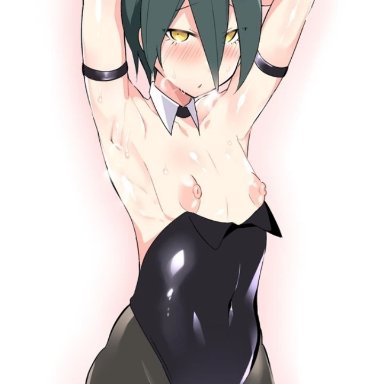 arms behind back, blue hair, blush, bunny ears, bunnysuit, crossdressing, cute, danganronpa, danganronpa v3, femboy, girly, nipples, shuichi saihara, thighs, trap