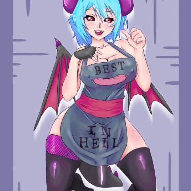 1futa, aerin quinneth, apron, bat wings, big bulge, black sclera, blue hair, bulge, cum leaking, cute, dragon tail, erect nipples, erect nipples under clothes, futa only, futanari