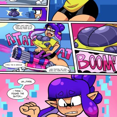 bicycle shorts, booty shorts, breast expansion, comic, english text, female, female only, glitch techs, huge breasts, inkling girl, miko kubota, nintendo, splatoon, superspoe, text