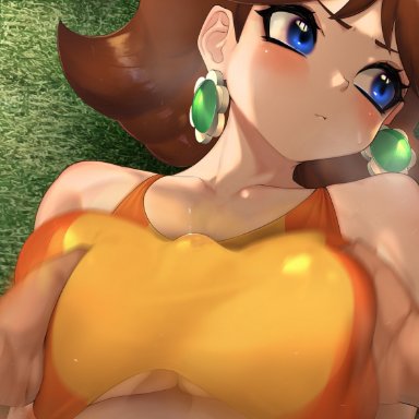 hizake, large breasts, mario (series), motion blur, nintendo, paizuri, paizuri under clothes, princess daisy, super mario bros.