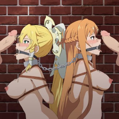 abducted, arms behind back, asuna (sao), blindfold, blindfolded, blonde hair, blowjob, bondage, bound, bound arms, bound together, bound wrists, breasts, broken, broken rape victim