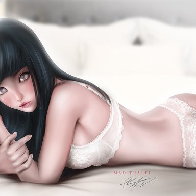 1girls, ass, bed, black hair, blush, female, female only, hyuuga hinata, lingerie, long hair, looking at viewer, lying, madtraffi29, naruto, naruto (series)