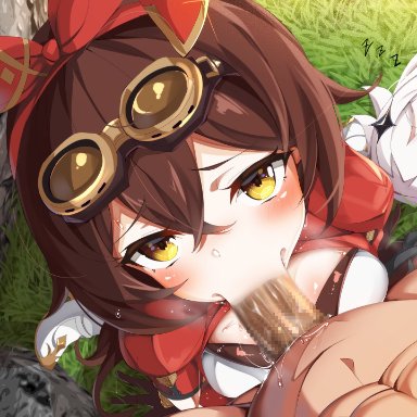 amber (genshin impact), breasts, brown hair, censored, closed eyes, commentary request, fellatio, genshin impact, goggles, goggles on head, hair between eyes, headband, highres, long hair, looking at viewer