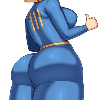 1girls, ass, big ass, drunkavocado, fallout, female, female only, looking at viewer, looking back, thick thighs, vault girl, wide hips