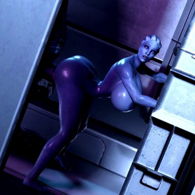 against wall, alien, animated, asari, ass, big ass, big balls, big breasts, big penis, blue skin, bouncing ass, breasts, doggy style, fat man, from behind