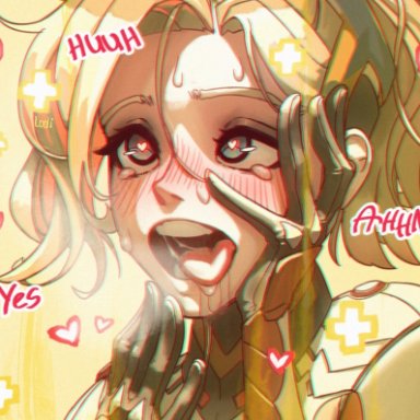 ahe gao, blonde hair, blue eyes, blush, female, heart, heart-shaped pupils, lodi18, mercy, open mouth, overwatch, saliva, saliva drip, saliva string, sweat