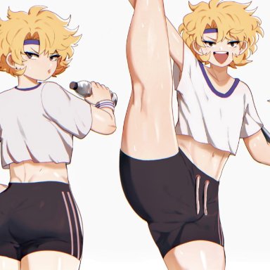 1boy, ass, blonde hair, bulge, english text, femboy, girly, male, male only, ms pigtails, sergey sokolov, shorts, simple background, solo, sportswear