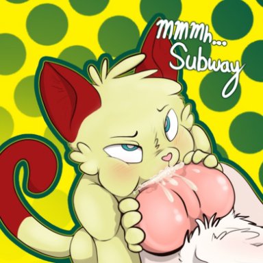 big penis, blush, cheek bulge, cum, cum in mouth, furry, gay, knot, male/male, oral, simple background, subway (company)