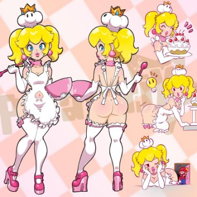 1boy, 1girls, anus, ass, big ass, blonde hair, blue eyes, cake, curvy figure, earrings, female, high heels, legwear, mario, mario (series)