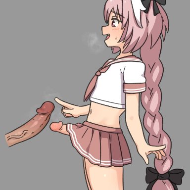 2boys, astolfo (fate), basuke, big penis, blush, bow, erection, erection under clothes, femboy, girly, heavy breathing, long hair, male, male only, penis size difference