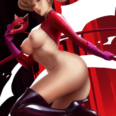 ann takamaki, big breasts, blonde hair, blue eyes, breasts, functionally nude, hair ornament, hairclip, latex suit, licking lips, long hair, persona, persona 5, red suit, solo