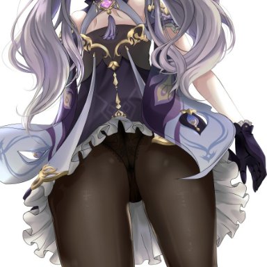 black legwear, black panties, genshin impact, gloves, hair ornament, keqing (genshin impact), looking up, panties, pantyhose, purple hair, purple skirt, slender waist, small ass, twintails