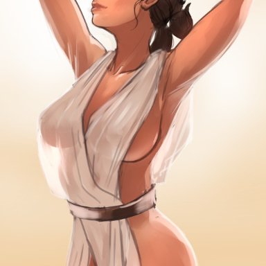 1girls, breasts, brown eyes, brown hair, clothed, female, female only, hands behind head, large breasts, looking away, nipples visible through clothing, plain background, revealing clothes, rey, roxyrex