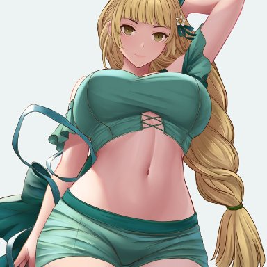 bare legs, big breasts, bikini, blonde hair, braid, braided ponytail, breasts, dakkalot, female, fire emblem, fire emblem heroes, fire emblem: three houses, green bikini, green swimsuit, huge breasts